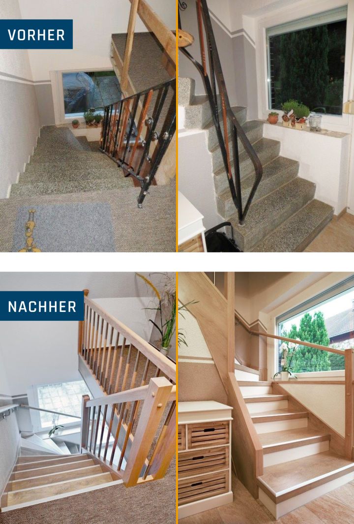 So schön kann es werden: die alte Terrazzotreppe mit Geländer aus Gußeisen ist kaum noch wiederzuerkennen. Dafür sorgen die Komplettverkleidung mit schönem Laminat-Dekor, weißen Sichtstufen und ein neues Stabgeländer.