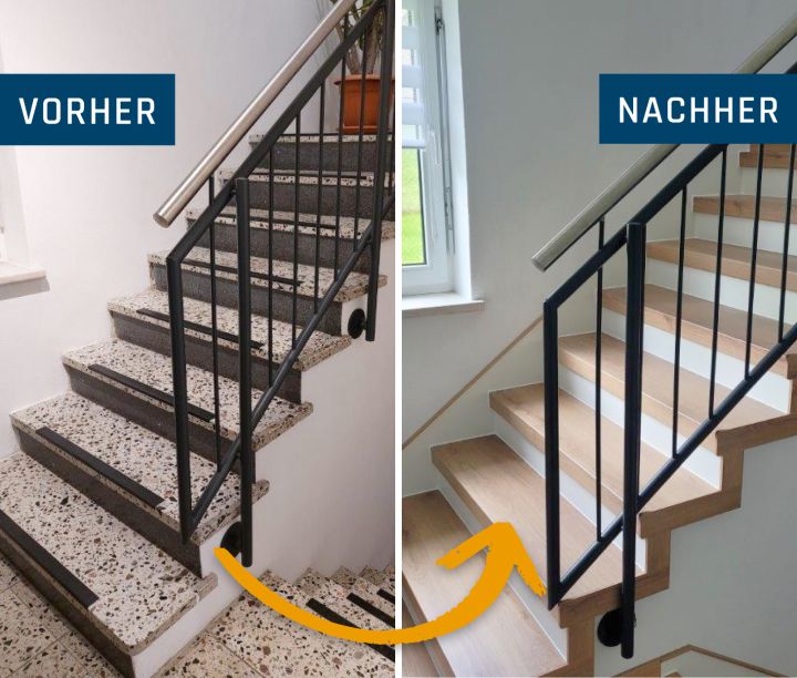 Neue Treppe im Eigenbau: schönes Laminat statt altem Terrazzo.