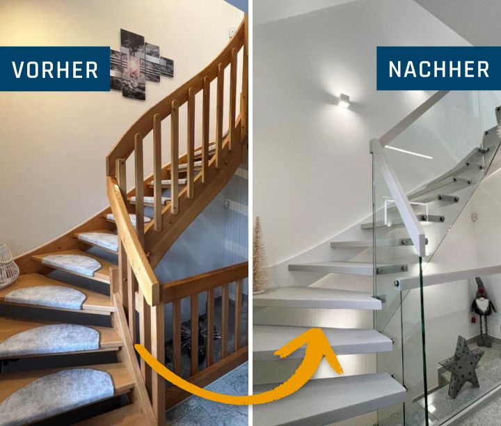 Kaum wiederzuerkennen: Aus der rustikalen Treppe mit Teppich wird eine elegante Designer-Treppe.