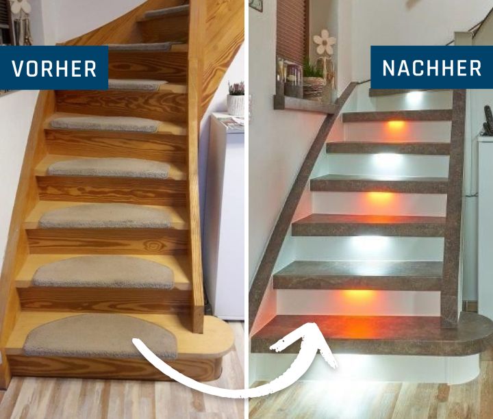Kaum wiederzuerkennen: Unsere Frische-Kur für die Treppe brachte hochwertige Materialien und eine zweifarbgien Beleuchtung.